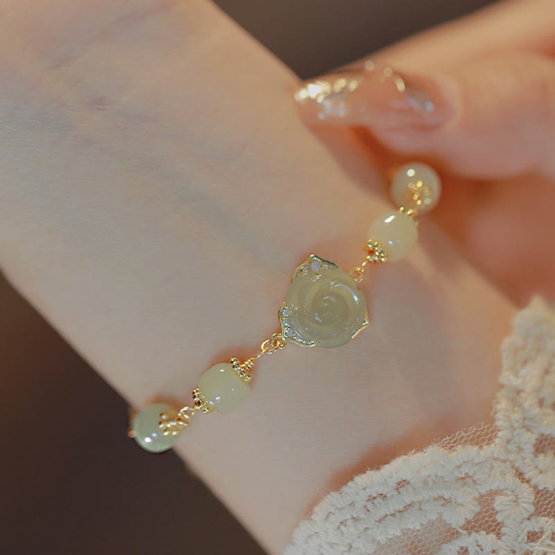 Wear FengShui 14K Gold Plated Hetian Jade Rose Flower Luck Chain Bracelet