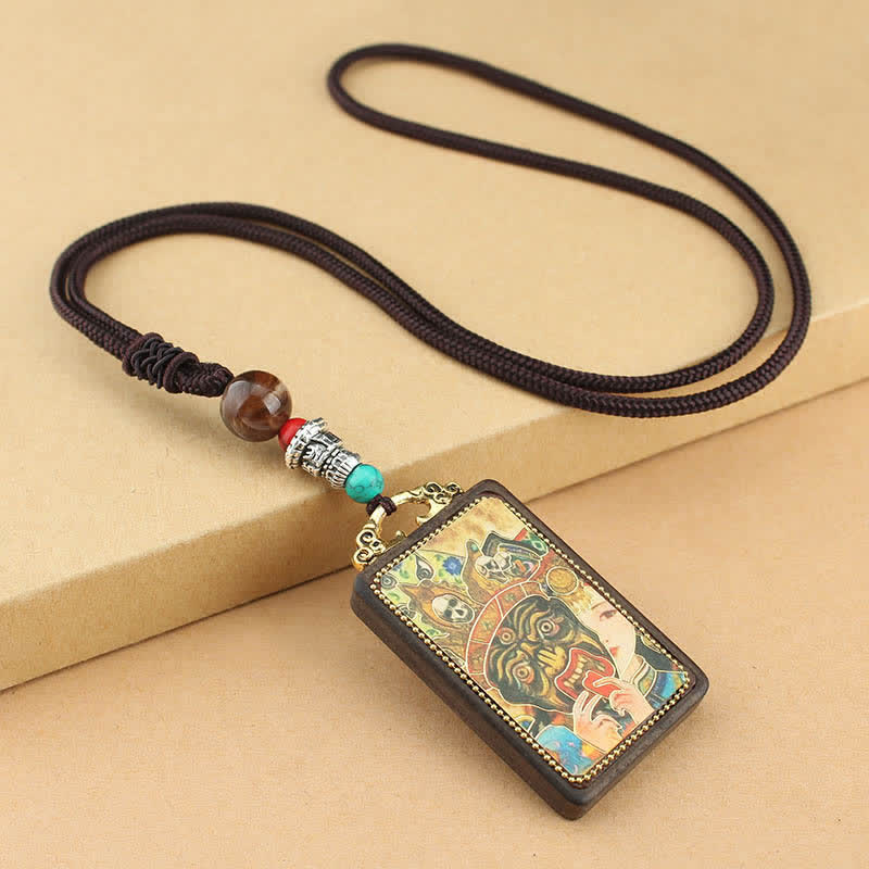 Wear FengShui Tibet God of Wealth Thangka Ebony Peace Necklace Pendant