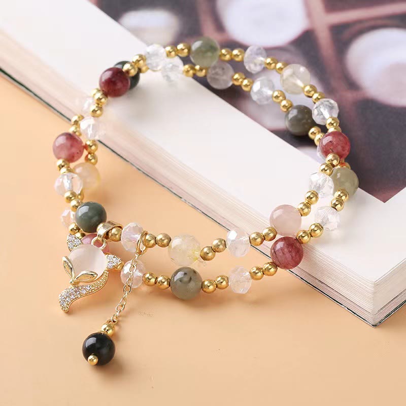 Wear FengShui Multicolored Rutilated Quartz Fox Protection Double Wrap Bracelet