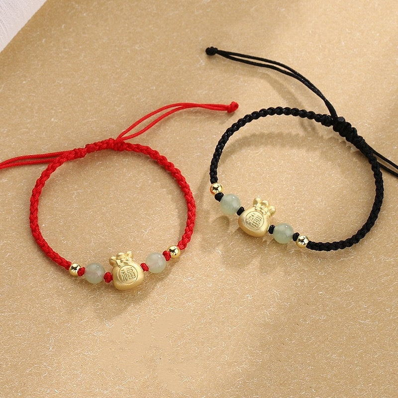 Wear FengShui Lucky Money Bag Fu Character Jade Bead Luck Braided Bracelet
