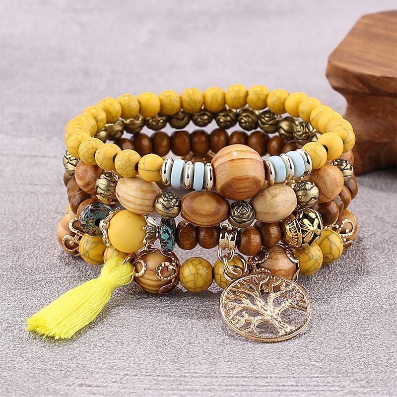 Wear FengShui Wenge Wood Layered Tree Tassel Healing Bracelet