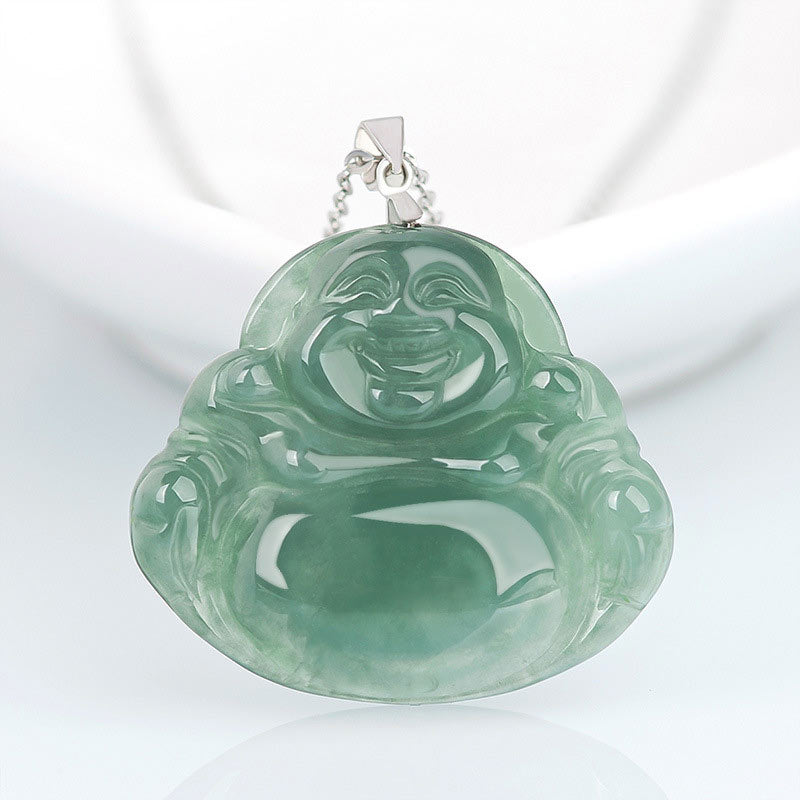 Wear FengShui Laughing Buddha Jade Protection Calm Titanium Steel Chain Necklace Pendant