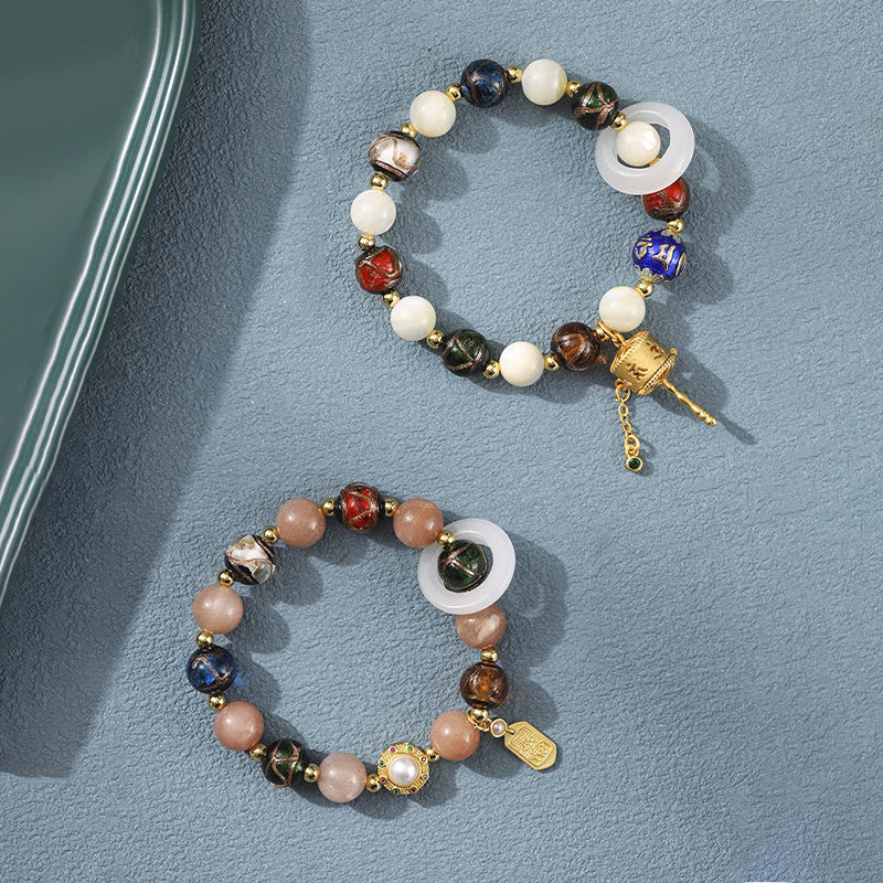 Wear FengShui Tibetan Incense Ash Liuli Glass Tridacna Stone Sun Stone Om Mani Padme Hum Prayer Wheel Charm Bracelet