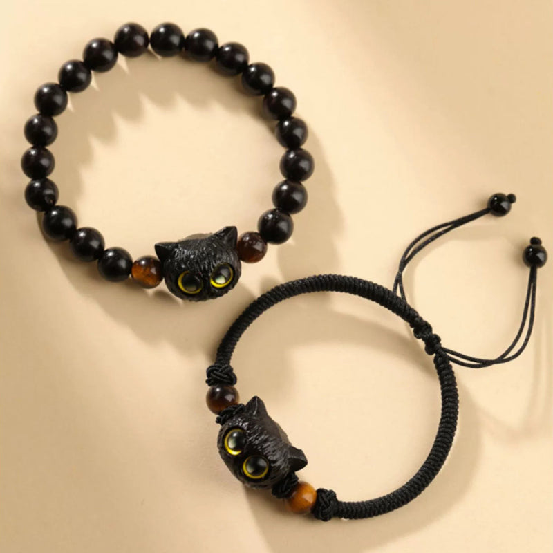 Wear FengShui Cute Ebony Wood Cat Head Pattern Peace Bracelet