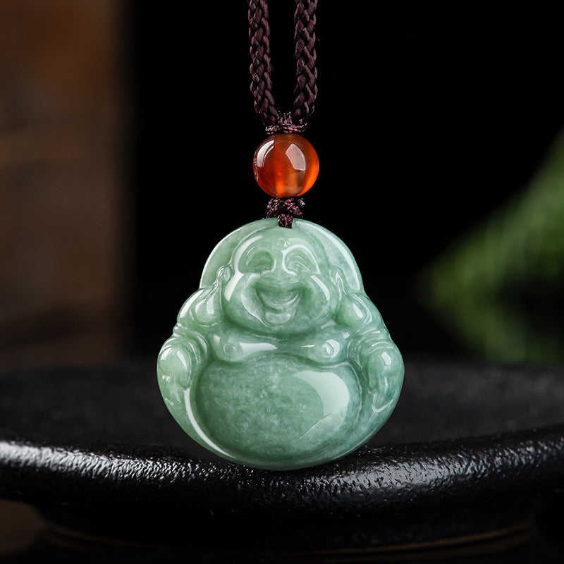 Wear FengShui Laughing Buddha Cyan Jade Success Necklace String Pendant