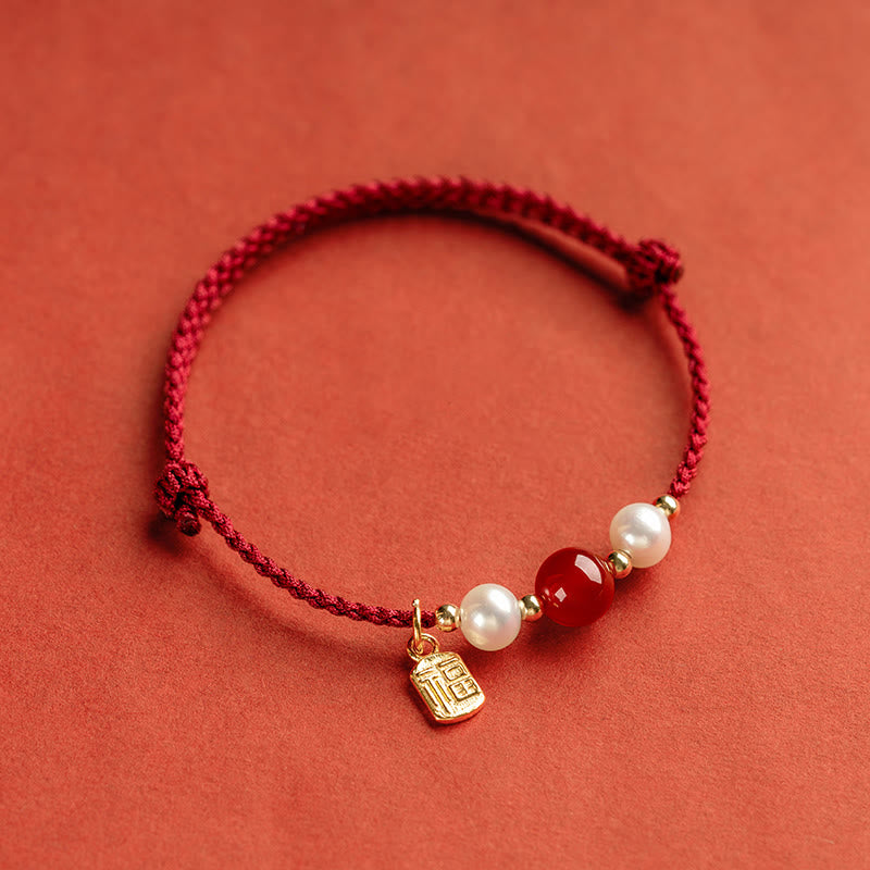 Wear FengShui 925 Sterling Silver Good Fortune Fu Character Agate Pearl Red String Braid Bracelet