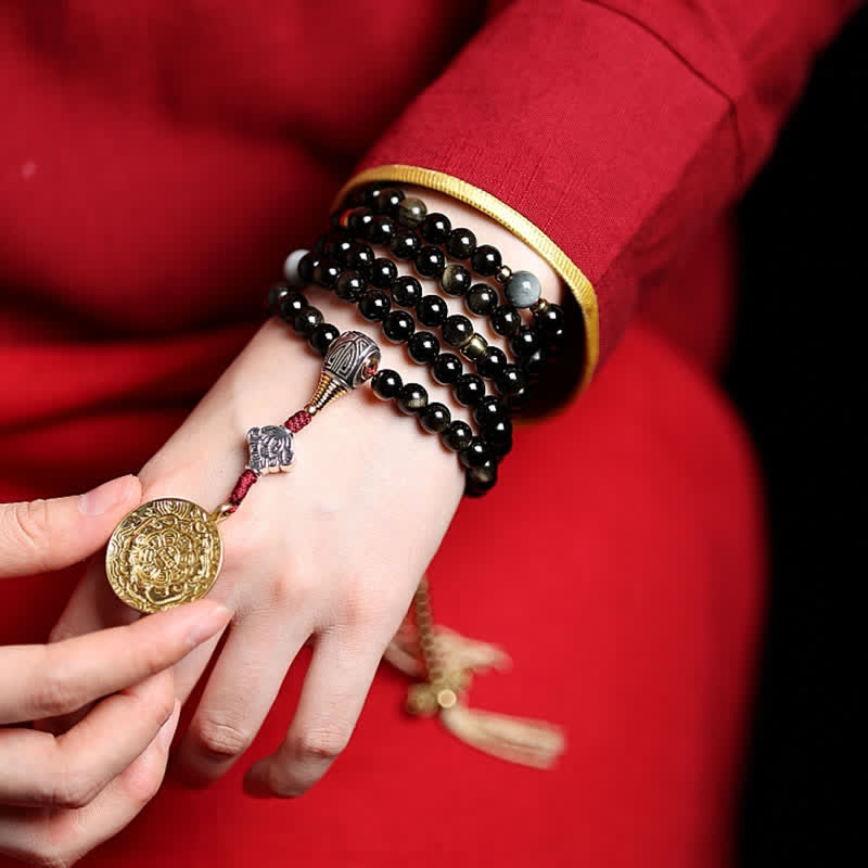 Wear FengShui 108 Mala Beads Gold Sheen Obsidian Tiger Eye Eagle's Eye Stone Wealth Bracelet
