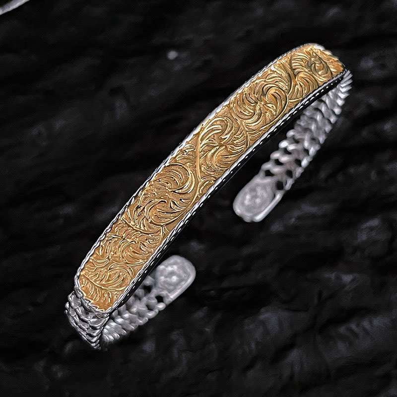 Wear FengShui Tang Dynasty Flower Design Engraved Copper Luck Cuff Bracelet Bangle Adjustable Ring