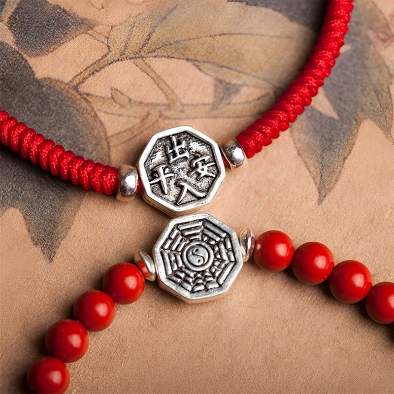 Wear FengShui 925 Sterling Silver Yin Yang Bagua Symbol Cinnabar String Concentration Bracelet