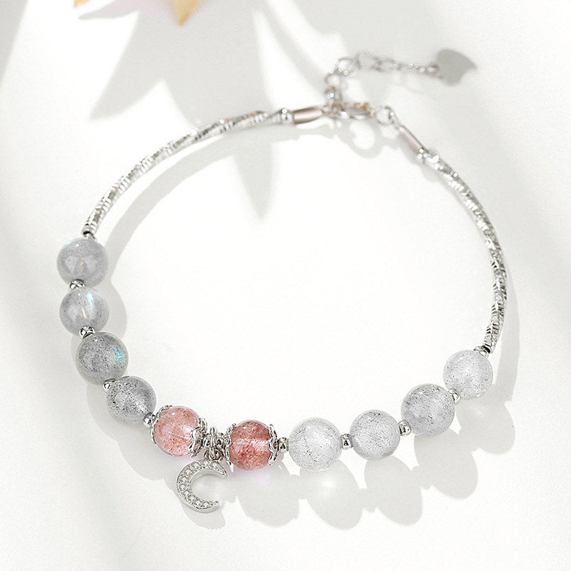 Wear FengShui Strawberry Quartz Moonstone Luck Moon Charm Bracelet