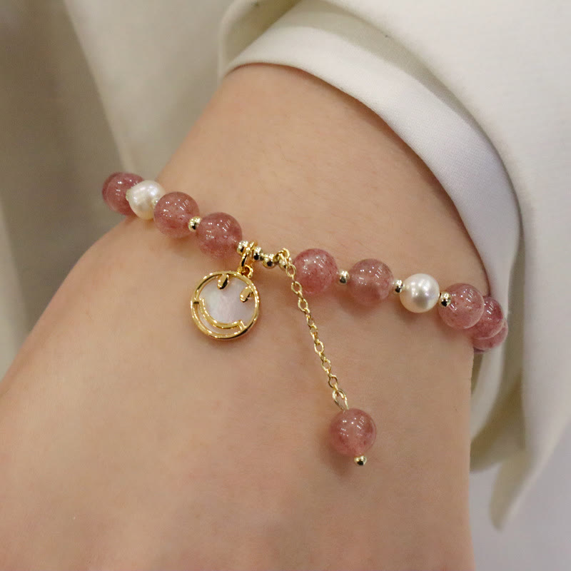 Wear FengShui Strawberry Quartz Pearl Elk Smiley Face Fishtail Fu Character Charm Healing Bracelet
