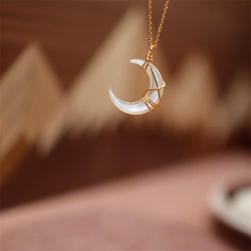 Wear FengShui Natural Tridacna Stone Crescent Moon Blessing Necklace Pendant