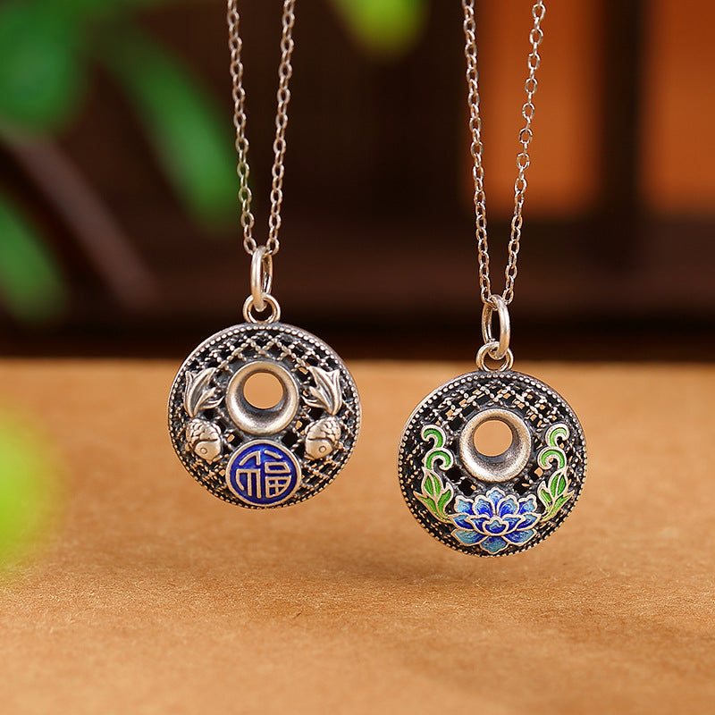 Wear FengShui 999 Sterling Silver Koi Fish Fu Character Lotus Peace Buckle Wealth Necklace Pendant