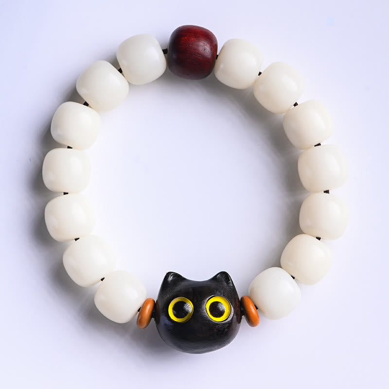 Wear FengShui Natural Bodhi Seed Small Leaf Red Sandalwood Ebony Wood Cute Lucky Cat Wisdom Bracelet