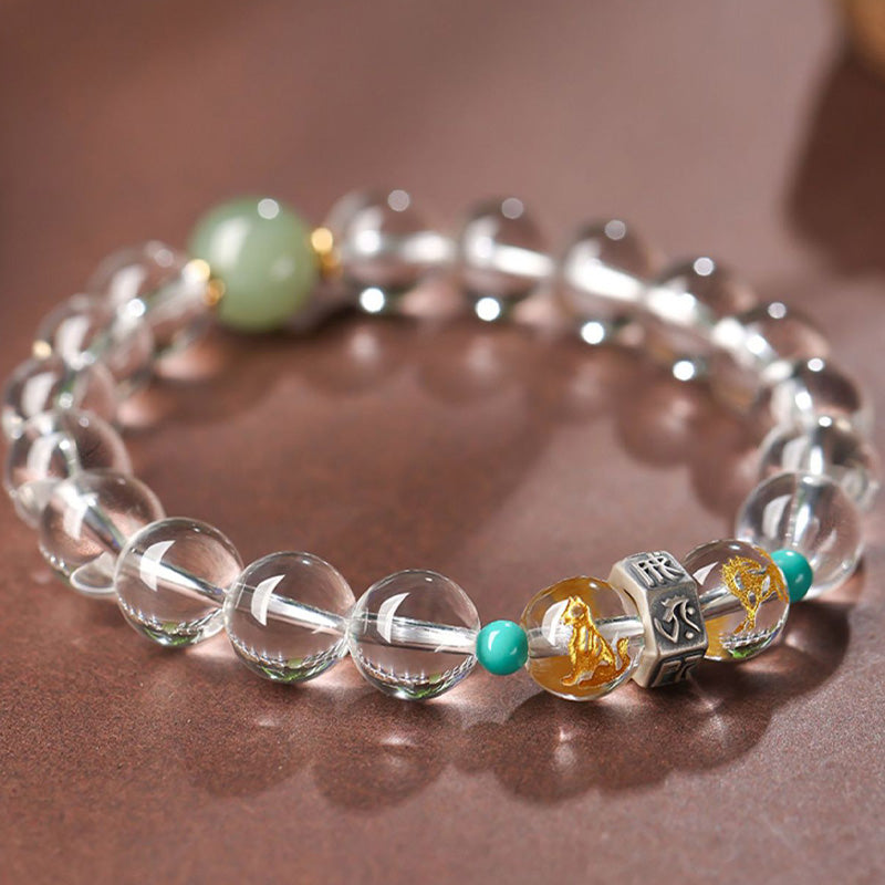 Wear FengShui 925 Sterling Silver Chinese Zodiac Natal Buddha Auspicious Groups White Crystal Hetian Jade Healing Bracelet