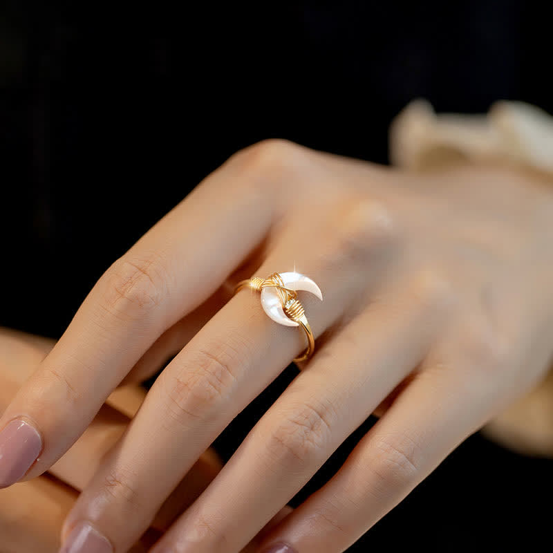 Wear FengShui Natural Tridacna Stone Moon 14K Gold Blessing Ring