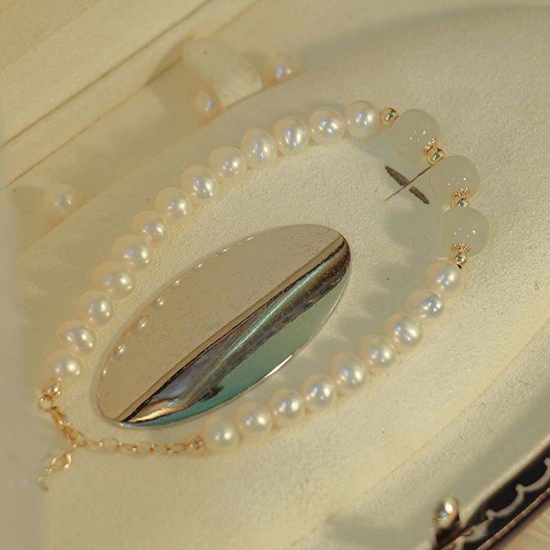 Wear FengShui 14K Gold Plated Natural Pearl Hetian Cyan Jade White Jade Sincerity Bead Chain Bracelet