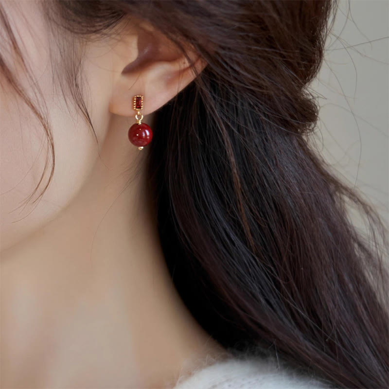 Wear FengShui 925 Sterling Silver Posts 14K Gold Filled Cinnabar Bead Zircon Calm Earrings