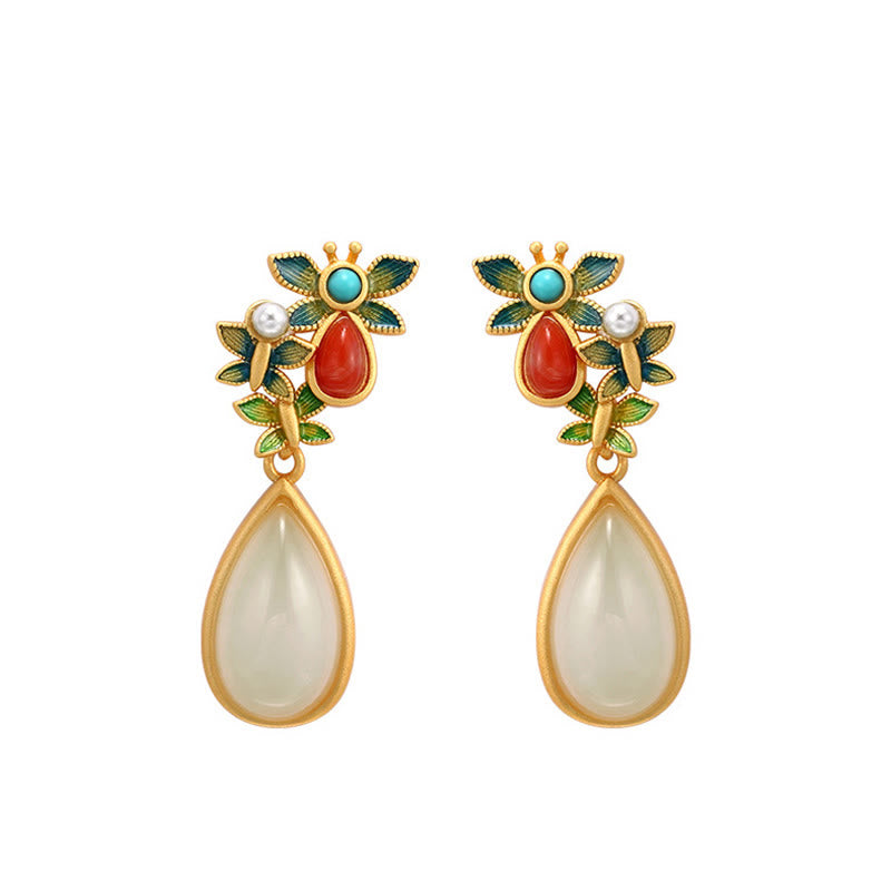 Wear FengShui Water Drop White Jade Red Agate Butterfly Protection Drop Dangle Earrings
