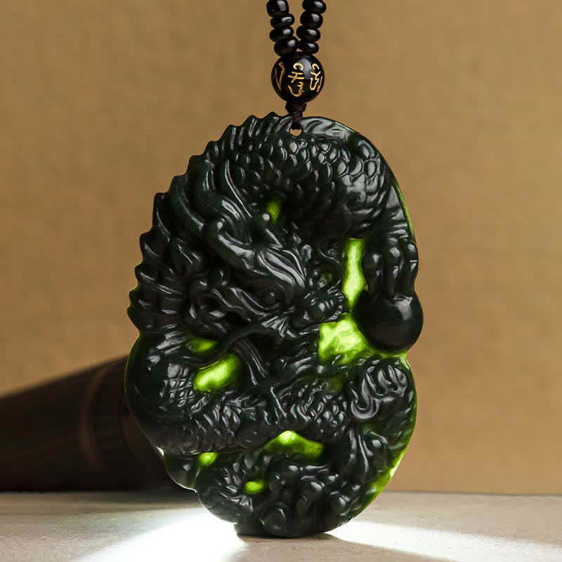 Wear FengShui Hetian Cyan Jade Dragon Success Harmony Necklace Beaded String Pendant