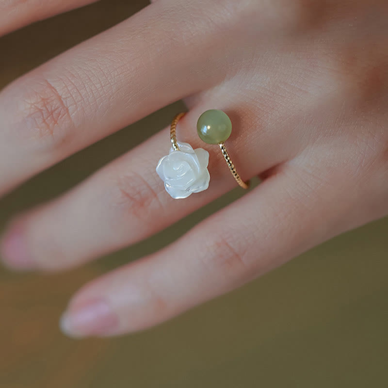 Wear FengShui 14K Gold Plated Tridacna Stone Rose Flower Jade Bead Blessing Ring