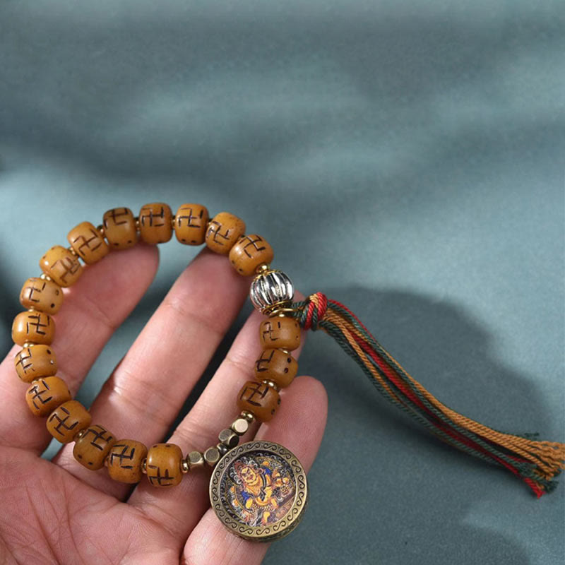Wear FengShui Natural Tibetan Camel Bone Swastika Dzi Bead Shankha Buddha Charm Kirtimukha Luck Protection Tassel Bracelet