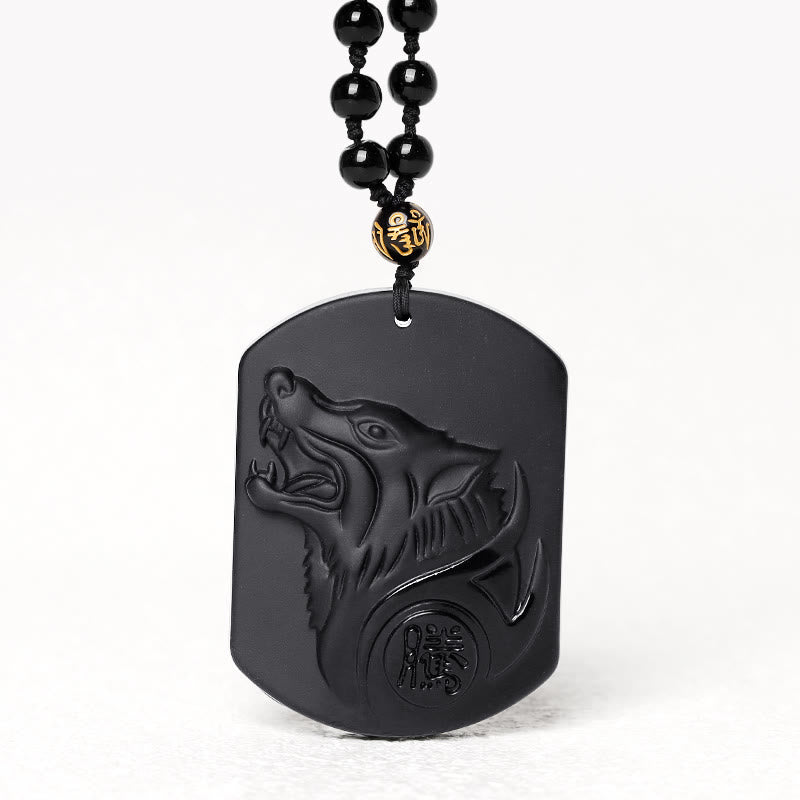 Wear FengShui Black Obsidian Stone Wolf Purification Pendant Necklace
