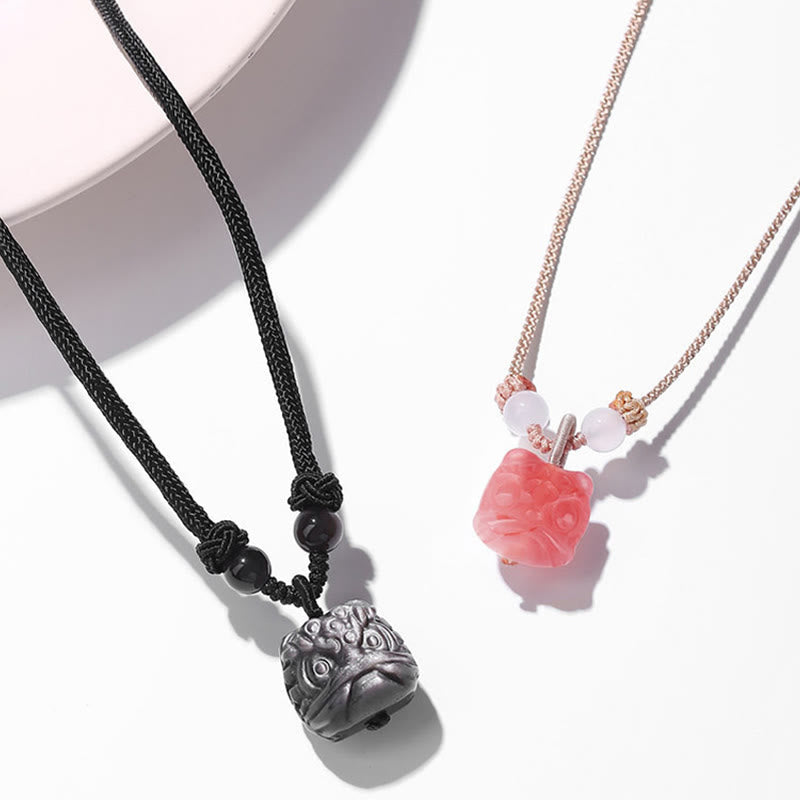 Wear FengShui Natural Silver Sheen Obsidian Red Agate Dancing Lion Protection Necklace Pendant