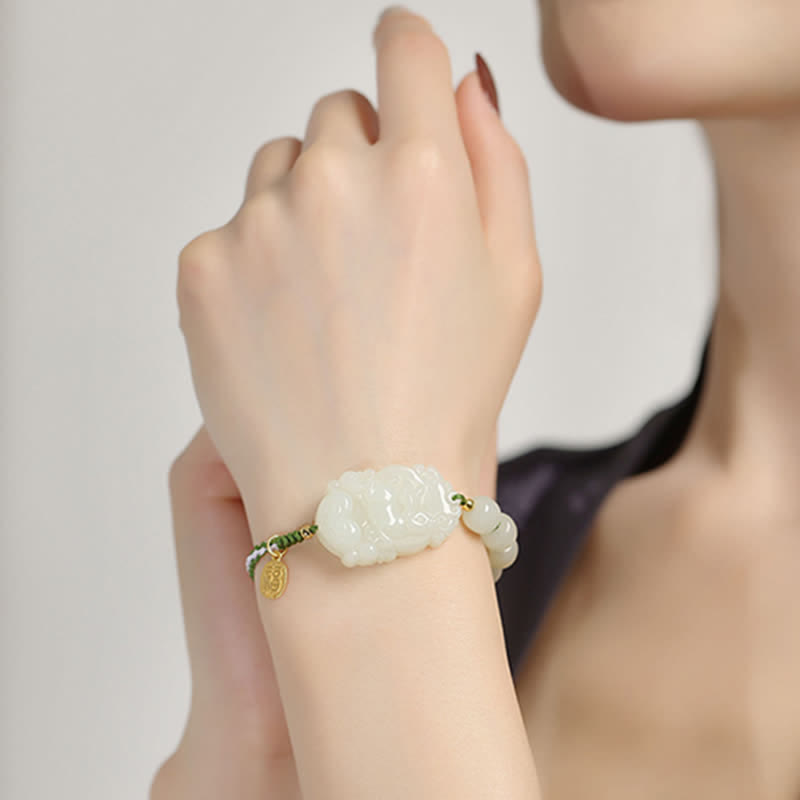 Wear FengShui 925 Sterling Silver Chinese Zodiac Hetian Jade Happiness Luck String Bracelet