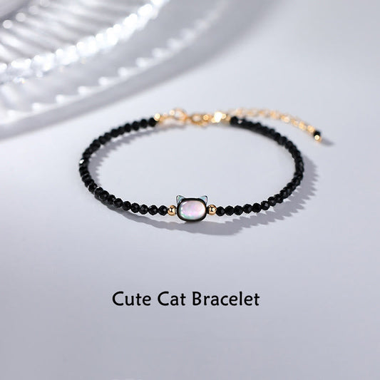 Wear FengShui 14K Gold Plated Black Spinel White Crystal Cute Cat Tridacna Stone Healing Bracelet