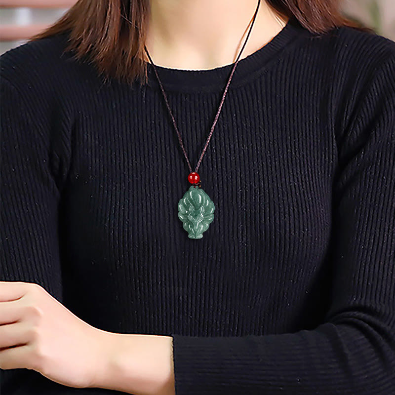 Wear FengShui Natural Green Jade Nine Tailed Fox Luck Necklace Pendant