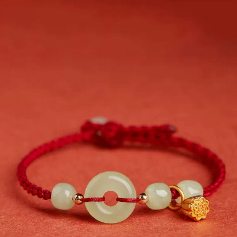 Wear FengShui Round Peace Buckle Jade Lotus Happiness Abundance Wealth String Bracelet