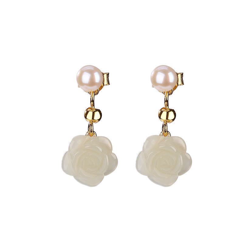 Wear FengShui 925 Sterling Silver Plated Gold Jade Rose Flower Cyan Jade Pearl Luck Earrings