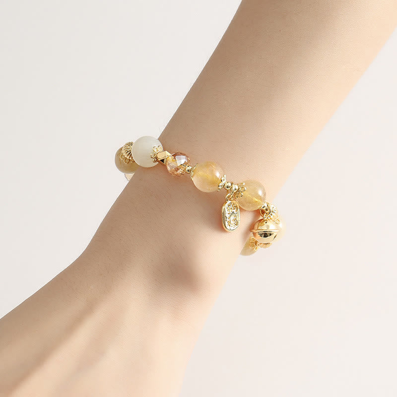 Wear FengShui 14K Gold Plated Golden Rutilated Quartz Wealth Bell Lucky Fortune Charm Bracelet