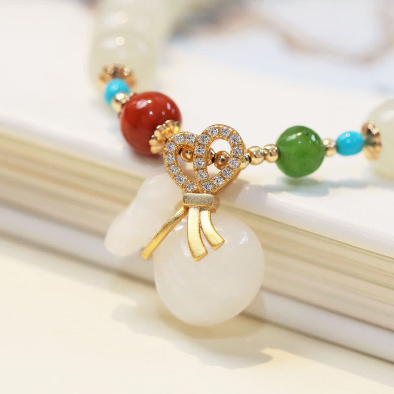 Wear FengShui Natural Hetian White Jade 14K Gold Plated Money Bag Blessing Bracelet