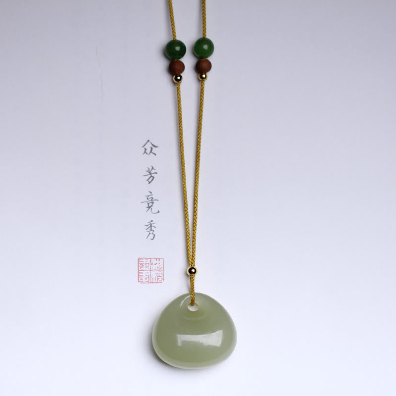 Wear FengShui Natural Hetian Jade Small Bag Pattern Prosperity String Necklace Pendant