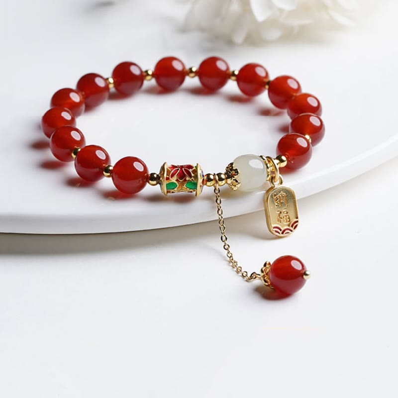 Wear FengShui Natural Red Agate Hetian Jade Fu Character Confidence Charm Bracelet