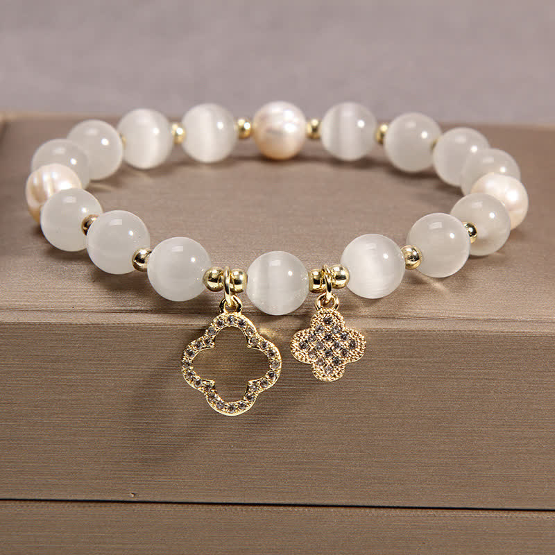 Wear FengShui Cat's Eye Lovely Cat Pattern Pearl Love Charm Bracelet