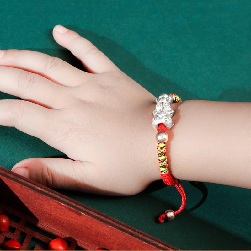 Sterling Silver PiXiu Wealth Vajra Knot String Braided Kids Child Bracelet