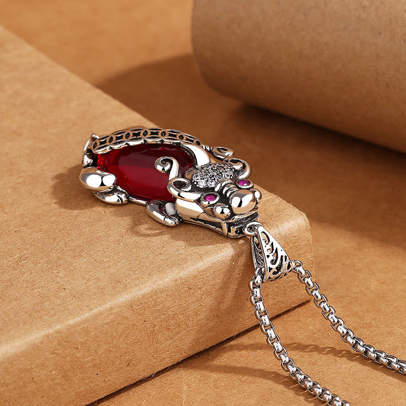 Wear FengShui PiXiu Garnet Copper Coin Wealth Luck Necklace Pendant