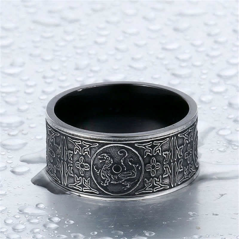 Wear FengShui Four Guardian Beast Dragon White Tiger Suzaku Basalt Carved Success Luck Ring