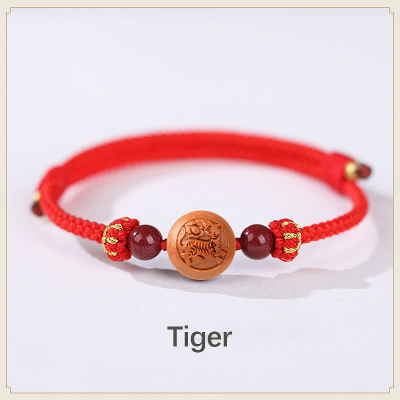 Wear FengShui Natural Peach Wood Chinese Zodiac Fu Character Carved Cinnabar Wealth Bracelet