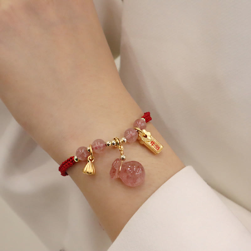 Wear FengShui Natural Strawberry Quartz Money Bag Lotus Healing Charm Red String Braided Bracelet