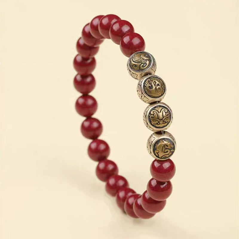 Wear FengShui 925 Sterling Silver Natural Cinnabar Four Beasts Blessing Bracelet