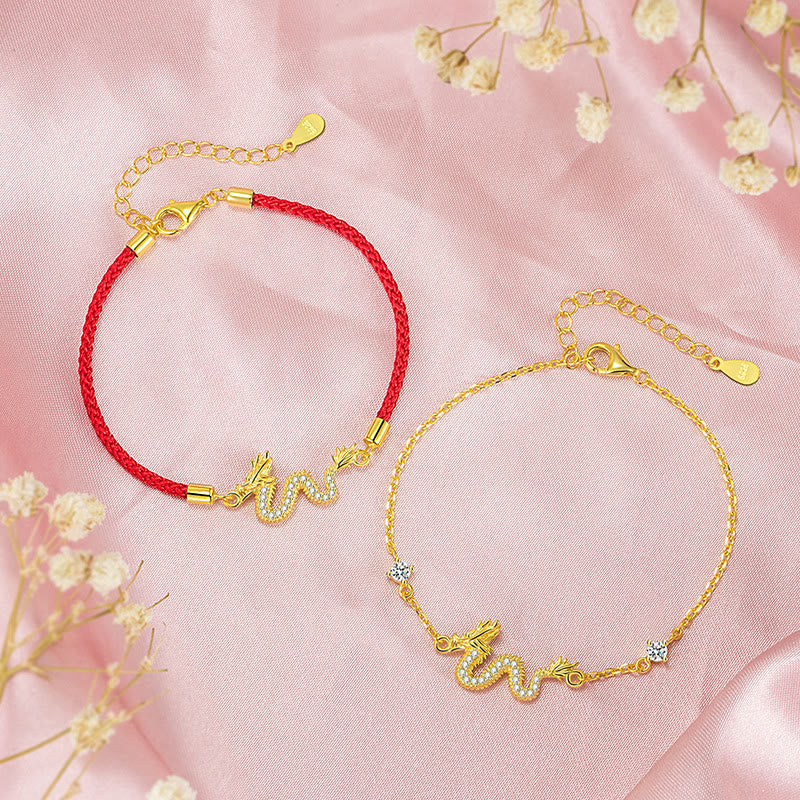 Wear FengShui 925 Sterling Silver Year Of The Dragon Auspicious Golden Dragon Luck Red Rope Chain Bracelet