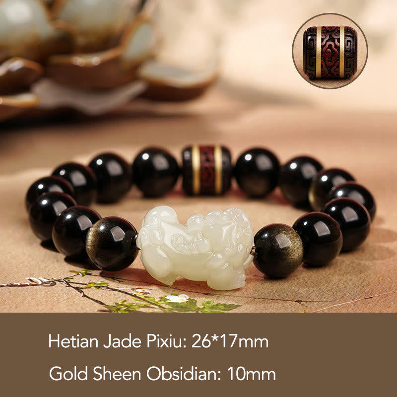 Wear FengShui Natural Gold Sheen Obsidian Hetian Cyan Jade White Jade PiXiu Wealth Bracelet