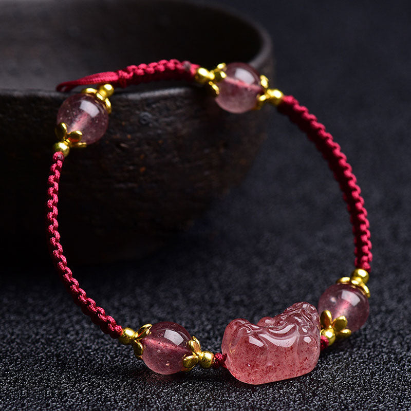 Wear FengShui Natural Strawberry Crystal Pixiu Charm Lucky Red String Bracelet