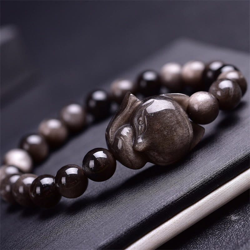 Wear FengShui Natural Silver Sheen Obsidian Fox Protection Bracelet