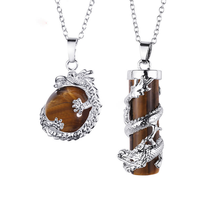 Wear FengShui 2pc Dragon Wrapped Round Ball Gemstone Couple Necklace Pendant