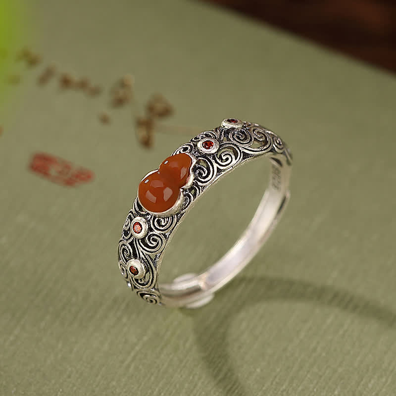 Wear FengShui 925 Sterling Silver Red Agate Cyan Jade Gourd Blessing Auspicious Ring